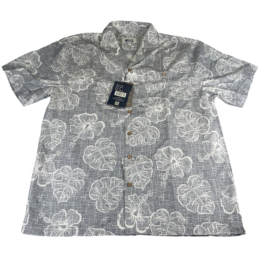 Uzzi Amphibious Gear Mens Aloha Shirt Slate Grey Tropical Floral HP65 NWT Medium
